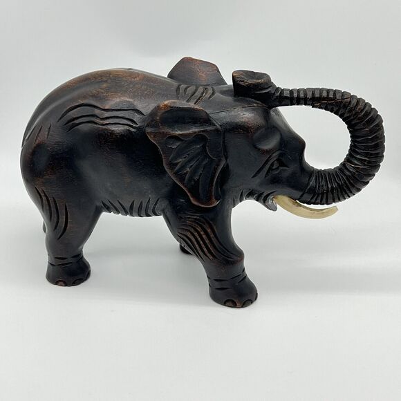 Vintage Wooden Elephant Hand Carved 6x9" Detailed Art Sculpture 1950s Figurine - Picture 2 of 16